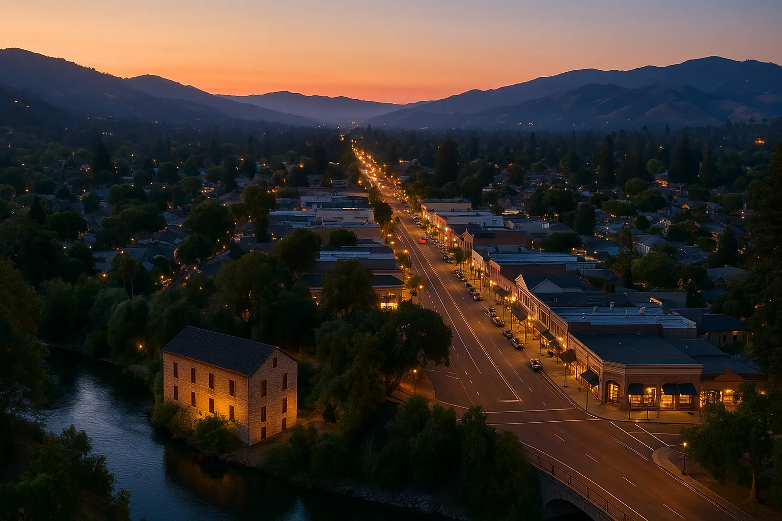Aerial twilight view of Los Gatos showing the historic Forbes Mill museum alongside the curve of Los Gatos Creek in the foreground, Broadway’s glowing storefronts lining the main street through town, and rolling Santa Cruz foothills fading into a warm sunset sky.